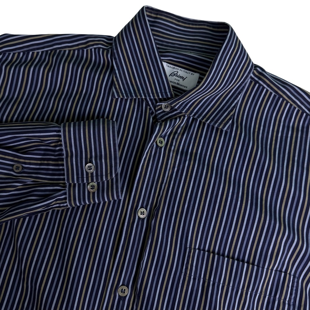 Brioni Mens L Button Down Shirt Navy Blue Striped Long Sleeve Made in Italy‎